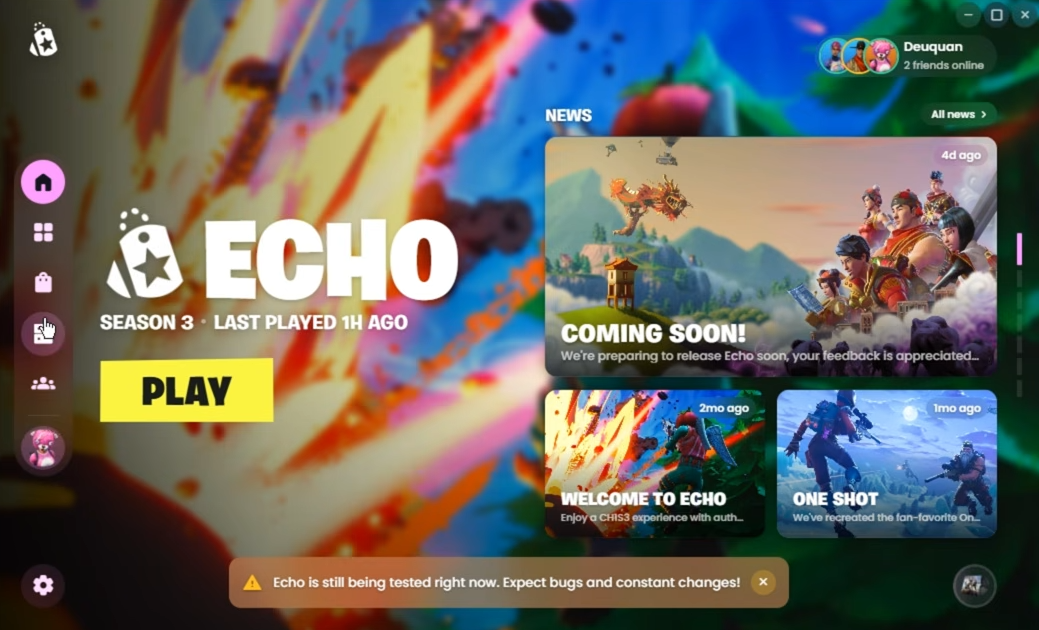 The Echo Launcher: Echo branding, Season 3 status, a PLAY button, and a live news feed
